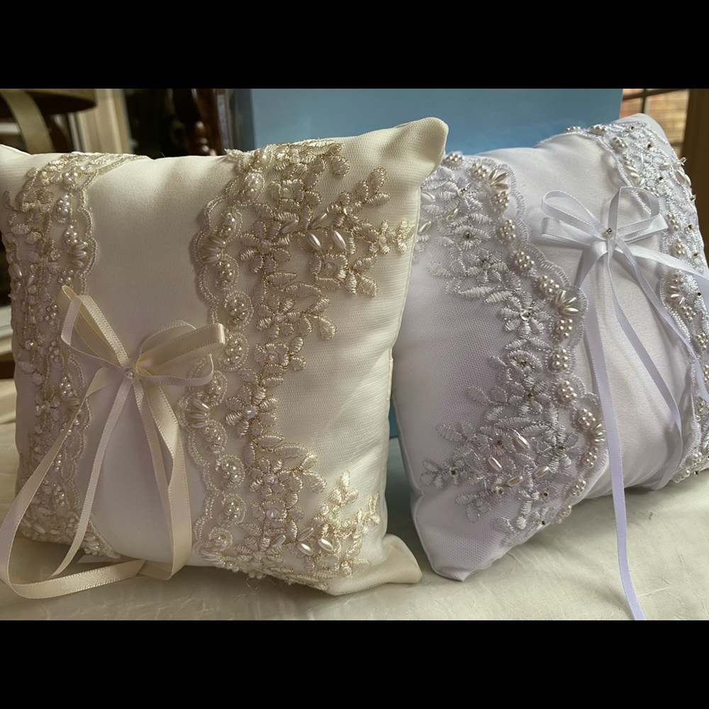 Two Ring Bearer Pillows White & Ivory Wedding
